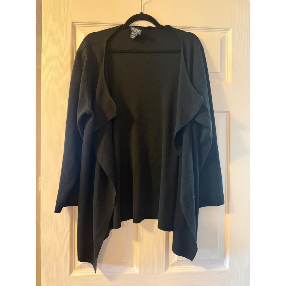 Clorinda Italy Black Merino Wool Blend Waterfall Open Front Cardigan Sweater 1X